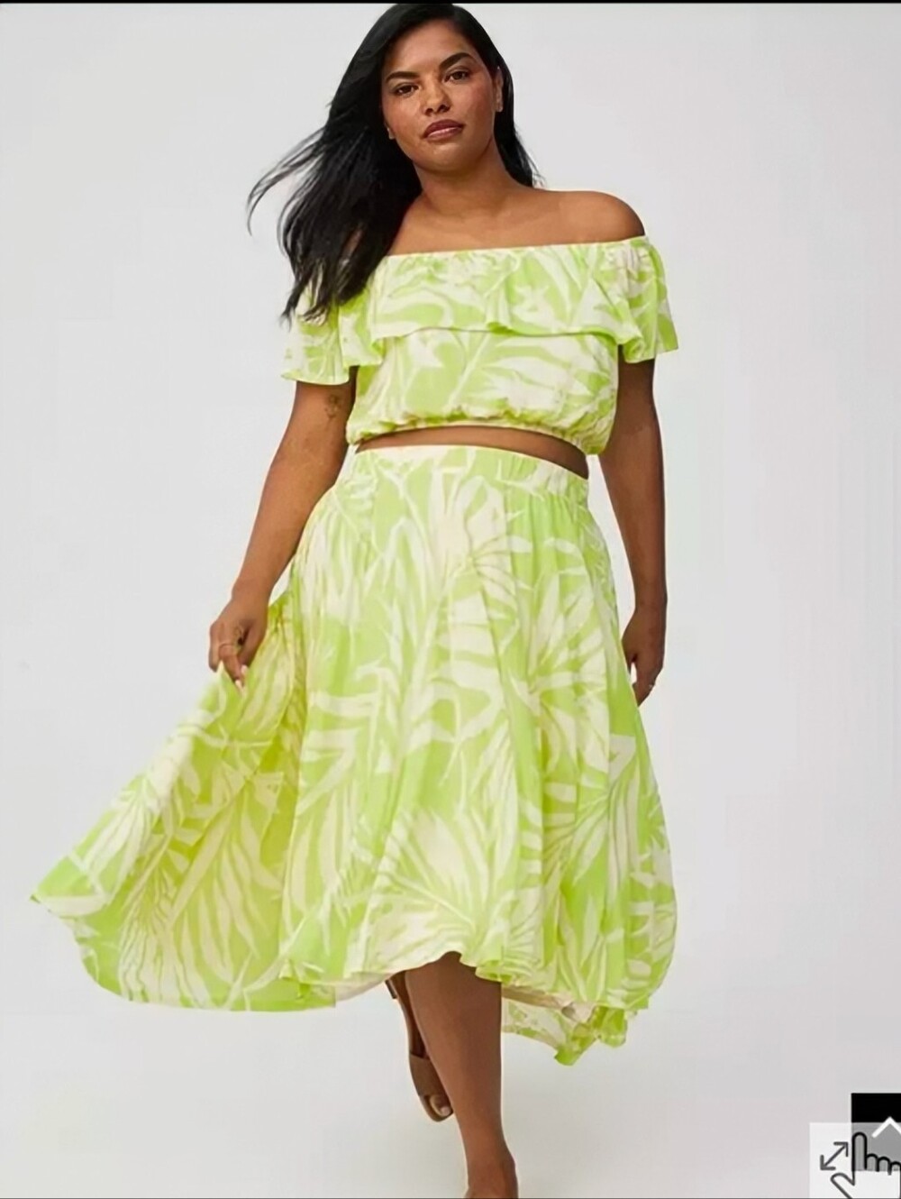 Nwot Torrid Lime 🍋‍🟩 Leaf-Print Off Shoulder Ruffle Sleeve Crop Plus Size 3X - Picture 2 of 9